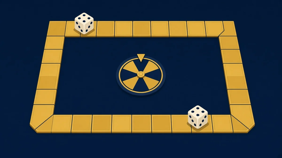 מסלול לוח משחק עם קוביות וגלגל במרכז